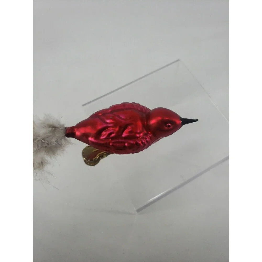 Vintage Blown Glass Red Bird Feather Tail Spring Clip Legs Classic Rare Uncommon